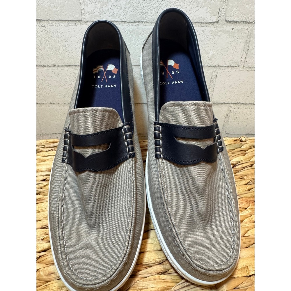 Cole Haan Mens Canvas Penny Loafers Grey Navy Blue Trim Slip On Shoes Size 11.5